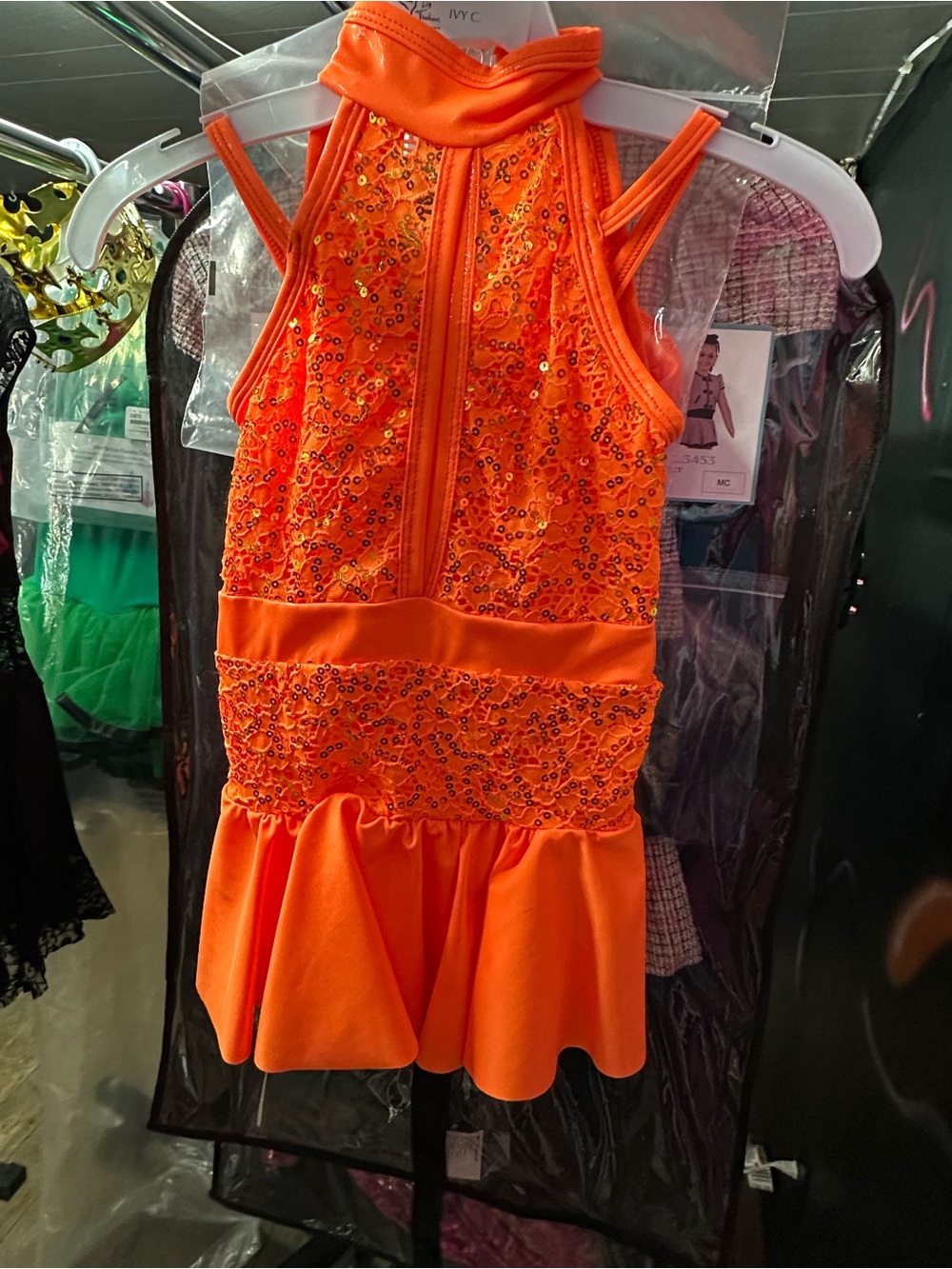 Girls' Orange Sequin Dance Dress - Halter Style